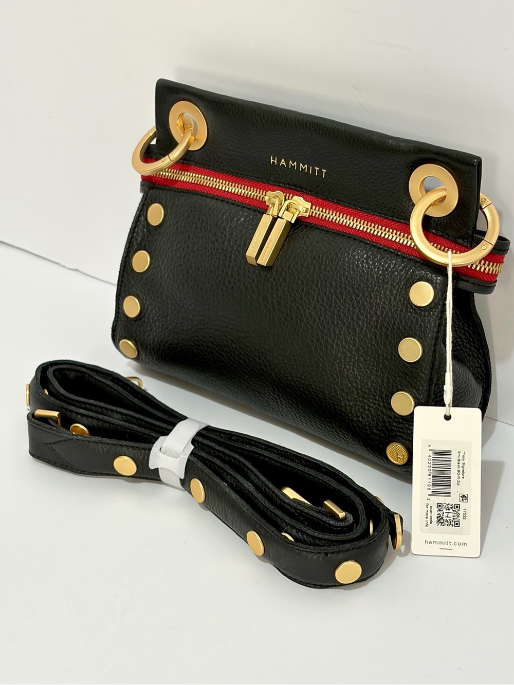 HAMMITT Tony Signature Small Crossbody In Black/Brushed Gold/Red Zip !!NWT!!